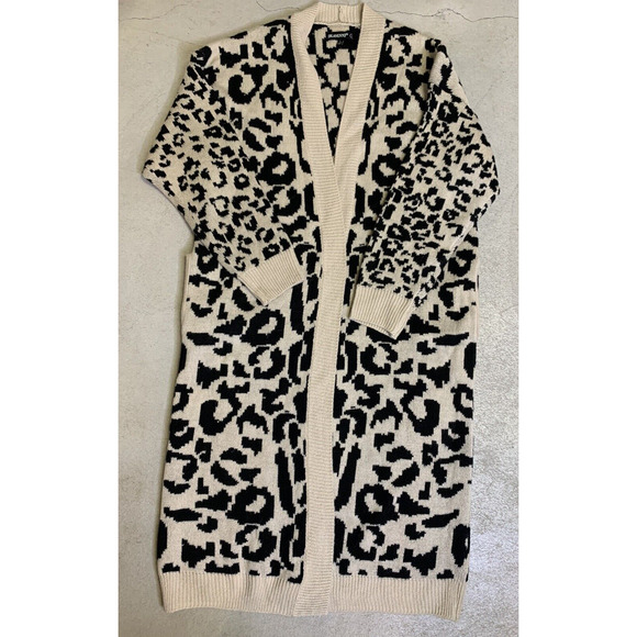Blank NYC Long Sweater Womens Large Beige OpenFront Safari Animal Print Cardigan - Picture 3 of 12